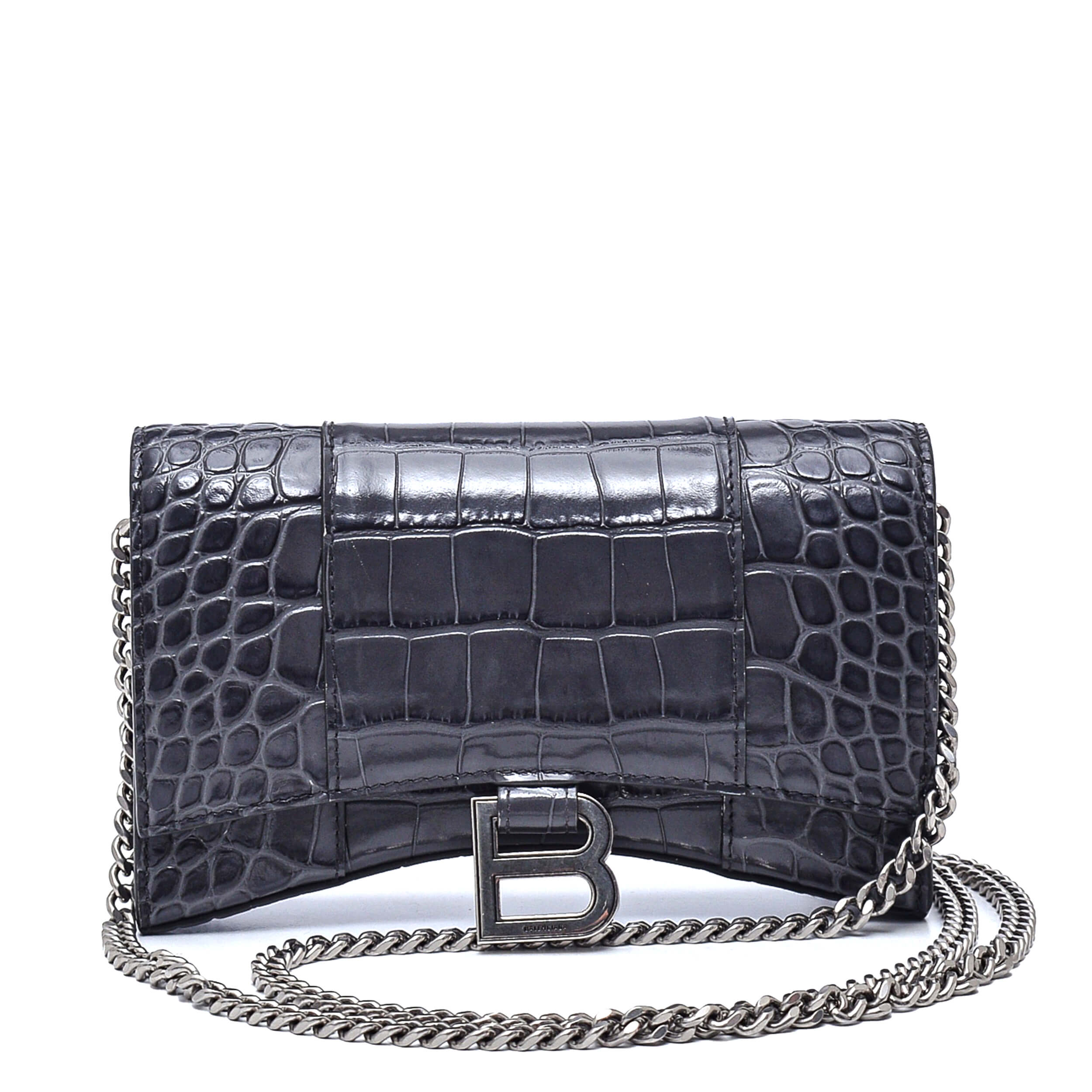 Balenciaga - Anthracite Croco Print Leather Hourglass Wallet on Chain Bag 